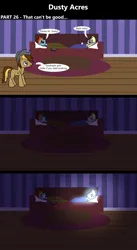 Size: 1920x3516 | Tagged: safe, artist:platinumdrop, derpibooru import, derpy hooves, rainbow dash, oc, oc:dusty hooves, pony, comic:dusty acres, series:technoverse, g4, blanket, comic, commission, couch, dark room, dialogue, eyes closed, female, filly, foal, glow, image, indoors, living room, looking at someone, lying down, magic, night, pillow, png, sleeping, speech bubble, standing, talking, younger