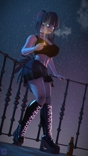 Size: 2160x3840 | Tagged: suggestive, artist:antonsfms, derpibooru import, ponerpics import, oc, oc:eve, unofficial characters only, anthro, earth pony, 3d, alcohol, beer, beer bottle, belly, belly button, big breasts, boots, bottle, breasts, cigarette, clothes, drink, female, fishnet clothing, fishnets, fit, goth, gothic, high heel boots, high res, image, lipstick, looking at you, makeup, midriff, night, painted nails, platform boots, png, railing, shoes, skirt, slender, smoke, smoking, socks, solo, solo female, source filmmaker, stockings, tanktop, thigh highs, thighs, thin, thunder thighs