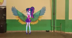 Size: 2440x1298 | Tagged: safe, artist:aqua-pony, artist:tom artista, derpibooru import, sci-twi, twilight sparkle, human, equestria girls, g4, g5, clothes, cute, equestria girls specials, female, image, mounting, outdoors, png, real life background, sci-twi outfits, smiling, solo, vector, wall, wings