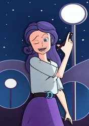 Size: 3035x4299 | Tagged: safe, artist:maulanrgrimm, derpibooru import, rarity, human, equestria girls, g4, digital art, female, human coloration, image, jpeg, light skin, looking at you, night, night sky, one eye closed, open mouth, open smile, pencil, pointing, sky, smiling, smiling at you, solo, starry sky, street lamp, wink, winking at you