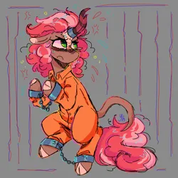 Size: 3500x3500 | Tagged: safe, artist:yumkandie, derpibooru import, oc, oc:ophelia hibiscus, unofficial characters only, kirin, clothes, commissioner:rainbowdash69, cuffed, cuffs, horn, horn ring, image, jewelry, kirin oc, magic suppression, never doubt rainbowdash69's involvement, png, prison outfit, prisoner, ring, shackles, solo