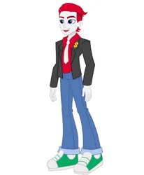 Size: 1125x1368 | Tagged: artist needed, source needed, safe, derpibooru import, oc, oc:l money eg, unofficial characters only, human, equestria girls, g4, 2024, blue eyes, clothes, denim, fan artwork, fanart, handsome, humanized, image, jacket, jeans, jpeg, leather, leather jacket, male, man, necktie, pants, pin, red hair, red shirt, shoes, short hair, simple background, smiling, sneakers, solo, white background