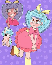 Size: 1440x1800 | Tagged: safe, artist:notherelena, derpibooru import, cozy glow, human, pegasus, pony, g4, blushing, clothes, cowboy shot, dress, evil grin, female, filly, foal, grin, hair ribbon, halo, humanized, image, jpeg, kneesocks, long socks, looking at you, outline, patterned background, purple background, ribbon, shoes, simple background, smiling, socks, upper body, white outline