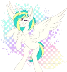 Size: 1280x1382 | Tagged: oc name needed, safe, artist:chrzaan, derpibooru import, oc, unofficial characters only, alicorn, pony, abstract background, alicorn oc, chest fluff, colored lineart, cream coat, ear fluff, eye clipping through hair, eyebrows, eyebrows visible through hair, female, green mane, green tail, grin, hock fluff, horn, image, looking at you, mare, not celestia, not vinyl scratch, one eye closed, png, rearing, red eyes, simple background, slender, smiling, solo, spread wings, tail, thin, transparent background, two toned mane, two toned tail, wing fluff, wings, wink, winking at you, yellow mane, yellow tail