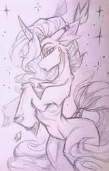Size: 2454x3846 | Tagged: safe, artist:tlen borowski, derpibooru import, oc, oc:synthie glitch, unofficial characters only, bat pony, bat pony unicorn, hybrid, pony, unicorn, bat pony unicorn oc, bipedal, black and white, ear piercing, ear tufts, earring, female, grayscale, horn, image, jewelry, jpeg, mare, monochrome, piercing, sketch, solo, sparkles, tail, tail wrap, traditional art