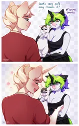 Size: 3700x5846 | Tagged: suggestive, artist:seurnik, derpibooru import, oc, oc:leon sinnamoon, oc:seurnik, unofficial characters only, anthro, cat, unicorn, big ears, black and white coat, blonde hair, breast grab, breasts, checkered background, chubby, comic, cream coat, ear piercing, fangs, female, gradient background, green hair, grope, horn, image, male, piercing, pink nose, png, purple hair, stretchmarks, thick eyebrows, thick eyelashes, yellow eyes