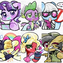 Size: 1500x1500 | Tagged: safe, artist:hedgehog29271, derpibooru import, big mcintosh, daring do, photo finish, rarity, songbird serenade, spike, starlight glimmer, dragon, earth pony, pegasus, pony, unicorn, g4, my little pony: the movie, ..., bandage, blanket, blood, blowing a kiss, clothes, commission, crossdressing, cute, dress, eating, eyebrows, eyebrows visible through hair, female, floating heart, flying, food, frustrated, furrowed brow, hair over eyes, heart, hoof hold, horn, ice cream, image, injured, jpeg, male, mare, mouth hold, one eye closed, orchard blossom, plushie, rainbow, rarity plushie, scarf, singing, slit pupils, speech bubble, spoon, stallion, sunglasses, sweat, underhoof, watermark, wink