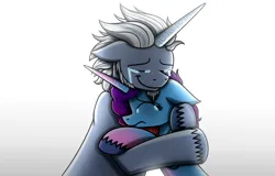 Size: 2048x1309 | Tagged: safe, artist:mlptmntdisneykauane, derpibooru import, alphabittle (g5), misty brightdawn, pony, unicorn, g5, my little pony: make your mark, crying, duo, duo male and female, father and child, father and daughter, female, gradient background, horn, hug, image, jpeg, male, mare, my little pony: make your mark chapter 5, rebirth misty, stallion