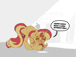 Size: 4320x3240 | Tagged: safe, alternate version, artist:ponny, derpibooru import, sunset shimmer, pony, unicorn, g4, bacon, colored, eating, eyes closed, female, food, hiding, horn, image, mare, meat, png, ponies eating meat, sandwich, shadow, solo, speech bubble, text