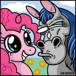 Size: 600x600 | Tagged: safe, artist:jinwicked, derpibooru import, pinkie pie, earth pony, horse, pony, g4, border, crossover, female, flower, image, looking at each other, looking at someone, mare, mr. horse, png, ren and stimpy, smiling