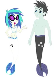 Size: 411x593 | Tagged: safe, artist:ocean lover, artist:selenaede, derpibooru import, edit, neon lights, rising star, vinyl scratch, human, mermaid, merman, equestria girls, g4, bare midriff, bare shoulders, base, base used, belly, belly button, black hair, blue eyes, chest, clothes, cutie mark, duo, duo male and female, female, fins, fish tail, goggles, hand on hip, image, male, mermaid tail, mermaidized, mermanized, mermay, midriff, ms paint, open mouth, png, ship:vinylights, shipping, simple background, smiling, species swap, spiky hair, straight, tail, tail fin, tanktop, tomboy, white background