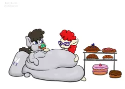 Size: 1754x1240 | Tagged: safe, artist:bun_burst, derpibooru import, truffle shuffle, twist, earth pony, pony, g4, belly, belly on floor, big belly, butt, commission, fat, feedee, feeder, feeding, huge belly, huge butt, image, immobile, impossibly large belly, large butt, obese, png, rolls of fat, simple background, white background