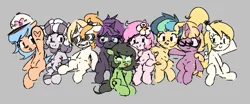 Size: 565x236 | Tagged: safe, artist:parfait, ponerpics import, oc, oc:anonfilly, oc:apogee, oc:butter berry, oc:dyx, oc:kayla, oc:little league, oc:luftkrieg, oc:nyx, oc:zala, unofficial characters only, alicorn, earth pony, pegasus, pony, unicorn, aggie.io, alicorn oc, earth pony oc, female, females only, filly, foal, gray background, horn, image, open mouth, pegasus oc, png, raised hoof, simple background, sitting, smiling, unicorn oc