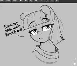 Size: 704x601 | Tagged: safe, artist:higgly-chan, derpibooru import, maud pie, earth pony, pony, g4, aggie.io, art program in frame, bust, clothes, dialogue, eye clipping through hair, female, grayscale, image, lidded eyes, looking at you, monochrome, png, portrait, solo