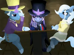Size: 4096x3072 | Tagged: safe, artist:sonatadidit, derpibooru import, jack pot, oc, oc:flawless sparklemoon, oc:marionette lulamoon, earth pony, pony, unicorn, g4, card, chair, cloak, clothes, cutie mark, director's chair, female, fusion, fusion:trixie, fusion:twilight sparkle, fusion:twixie, hat, horn, image, jpeg, magic, magic aura, male, mare, newbie artist training grounds, poker, poker chips, poker face, simple background, smug, stallion, telekinesis, top hat, unshorn fetlocks, vest