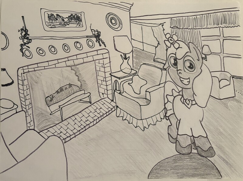 Size: 4516x3368 | Tagged: safe, artist:mlpfantealmintmoonrise, derpibooru import, oc, oc:sage mauve, earth pony, pony, g4, atg 2025, chair, clothes, drapes, dress, facing you, female, filly, fire, fireplace, flashback, foal, furniture, hair accessory, image, jewelry, jpeg, lamp, looking at you, mantle, monochrome, necklace, newbie artist training grounds, painting, pillow, plate, potted plant, rug, shoes, smiling, smiling at you, traditional art, vintage, window
