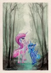 Size: 2118x3060 | Tagged: safe, artist:cahandariella, derpibooru import, princess celestia, princess luna, alicorn, pony, g4, atg 2025, female, filly, foal, fog, forest, forest background, image, jpeg, looking at each other, looking at someone, newbie artist training grounds, pinklestia, traditional art, tree, watercolor painting