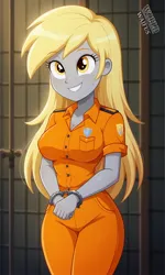 Size: 1152x1920 | Tagged: safe, ai generated, prompter:kyori56533, derpy hooves, human, equestria girls, g4, clothes, cuffs, female, grin, handcuffed, image, jail, jail cell, jpeg, prison, prison cell, prison outfit, smiling, solo
