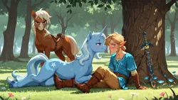 Size: 2560x1440 | Tagged: safe, ai generated, artist:truekry, generator:wai-nsfw-illustrious-sdxl, prompter:truekry, trixie, elf, horse, pony, unicorn, g4, ai composition, angry, crossover, dappled sunlight, embarrassed, epona, female, flirty, flower, glare, grass, horn, image, link, looking away, lying down, male, mare, outdoors, png, sitting, sword, the legend of zelda, tree, trio, wallpaper, weapon