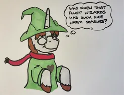 Size: 2048x1564 | Tagged: safe, artist:hoofclid, derpibooru import, oc, oc:hoofclid, unofficial characters only, pony, unicorn, clothes, cosplay, costume, deltarune, eyes closed, horn, image, jpeg, male, marker drawing, ralsei, solo, stallion, thought bubble, traditional art
