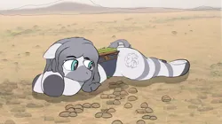 Size: 1650x923 | Tagged: safe, artist:antontheshadow, derpibooru import, oc, oc:zumthi, unofficial characters only, pony, zebra, giant pony, giant zebra, harness, hut, image, lying down, macro, male, png, prone, savanna, solo, stallion, tack, zebrica