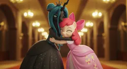 Size: 1408x768 | Tagged: safe, ai content, apple bloom, queen chrysalis, changeling, changeling queen, ^^, adorabloom, apple bloom's bow, bow, clothes, cute, daaaaaaaaaaaw, dress, duo, eyes closed, female, gown, hair bow, hug, image, mommy chrissy, mother and child, mother and daughter, png, smiling at each other
