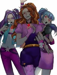 Size: 1536x2048 | Tagged: safe, artist:cadence_sniffa, derpibooru import, adagio dazzle, aria blaze, sonata dusk, human, equestria girls, g4, female, image, jpeg, microphone, simple background, the dazzlings, trio, white background