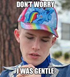 Size: 1060x1163 | Tagged: suggestive, artist:liam keel, derpibooru import, official, rainbow dash, human, twibooru, 2024, baseball cap, brony, cap, clothes, edgy, hat, image, imgflip, irl, irl human, joke, jpeg, liam keel, meme, merchandise, meta, oregon, photo, real life background, solo, united states