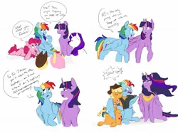 Size: 1831x1368 | Tagged: safe, artist:itsjustadreaam, derpibooru import, applejack, fluttershy, pinkie pie, princess twilight 2.0, rainbow dash, rarity, twilight sparkle, twilight sparkle (alicorn), alicorn, earth pony, pegasus, pony, unicorn, g4, the last problem, appledash, blushing, clothes, curved horn, dialogue, female, horn, hug, image, jacket, jewelry, jpeg, lesbian, lying down, mane six, mare, older, older applejack, older rainbow dash, older twilight, older twilight sparkle (alicorn), peytral, prone, regalia, shipping, simple background, sitting, smiling, speech bubble, unicorn twilight, white background, winghug, wings