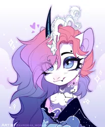 Size: 1700x2050 | Tagged: safe, artist:avroras_world, derpibooru import, oc, unofficial characters only, dragon, eastern dragon, pony, unicorn, curved horn, eyebrow piercing, fangs, female, horn, image, mare, piercing, png, slit pupils, smiling
