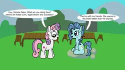 Size: 1920x1080 | Tagged: safe, artist:platinumdrop, derpibooru import, petunia paleo, sweetie belle, earth pony, pony, unicorn, g4, commission, dialogue, female, filly, foal, horn, image, mare, outdoors, png, sitting, smiling, speech bubble, standing, talking
