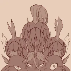 Size: 1500x1500 | Tagged: suggestive, artist:cold-blooded-twilight, derpibooru import, queen chrysalis, changeling, g4, dock, glow, glowing eyes, heart, heart eyes, image, implied blowjob, implied oral, implied sex, monochrome, offscreen character, png, pov, raised tail, sketch, slit pupils, tail, wide hips, wingding eyes