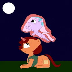 Size: 4000x4000 | Tagged: safe, artist:blazewing, derpibooru import, oc, oc:pastel macaroon, oc:tough cookie, unofficial characters only, earth pony, pony, unicorn, atg 2025, aunt and niece, chubby, clothes, female, filly, foal, grass, horn, image, levitation, lying down, magic, mare, moon, newbie artist training grounds, night, png, ponyloaf, prone, raised hoof, smiling, starry sky, stars, telekinesis, vest