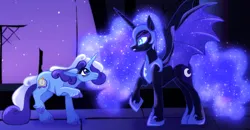 Size: 2048x1066 | Tagged: safe, artist:carouselunique, derpibooru import, minuette, nightmare moon, alicorn, pony, unicorn, g4, alternate cutie mark, alternate design, alternate hairstyle, alternate universe, bat wings, castle of the royal pony sisters, cloven hooves, colored hooves, duo, duo female, ethereal mane, ethereal tail, female, helmet, hoof shoes, hooves, horn, image, jpeg, looking at each other, looking at someone, mare, night, peytral, purple eyelashes, raised hoof, side stars au, spread wings, standing on two hooves, tail, unshorn fetlocks, wings