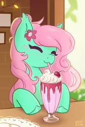 Size: 2000x3000 | Tagged: safe, alternate version, artist:anazeml, derpibooru import, oc, oc:arizona, unofficial characters only, bat pony, pony, wingless bat pony, g1, bat pony oc, blush lines, blushing, bun, cherry, commission, drink, drinking, eyes closed, female, flower, flower in hair, food, happy, image, indoors, m, mare, milkshake, not minty, png, smiling, solo, straw, table, whipped cream, wingless, ych result