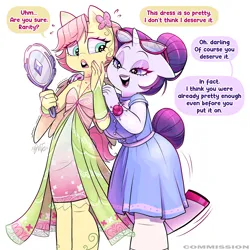 Size: 2000x2000 | Tagged: safe, artist:xconito, derpibooru import, fluttershy, rarity, anthro, pegasus, unguligrade anthro, unicorn, g4, alternate hairstyle, blue dress, clothes, darling, dress, duo, duo female, ear piercing, earring, emanata, eye clipping through hair, eyebrows, eyebrows visible through hair, eyeshadow, female, fingerless gloves, flarity, glasses, gloves, hair bun, hand mirror, horn, image, jewelry, lesbian, lidded eyes, lipstick, makeup, motion lines, nervous, no nose, open mouth, open smile, piercing, pincushion, plewds, png, rarity's glasses, shipping, short hair, short hair fluttershy, simple background, smiling, speech bubble, tail, tail bun, talking, white background
