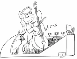 Size: 1800x1382 | Tagged: safe, artist:tsitra360, derpibooru import, octavia melody, vinyl scratch, earth pony, pony, g4, bipedal, bow (instrument), cello, cello bow, female, giant pony, giantess, image, jpeg, macro, mare, monochrome, musical instrument, outdoors, size difference, sketch