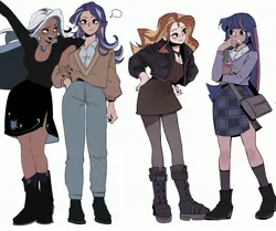 Size: 2769x2311 | Tagged: safe, artist:stresseddog_, derpibooru import, starlight glimmer, sunset shimmer, trixie, twilight sparkle, human, g4, :d, ankle boots, arm on shoulder, bag, black nail polish, black socks, blush lines, blushing, book, boots, breasts, busty trixie, choker, cleavage, closed mouth, clothes, collared shirt, cutie mark, cutie mark accessory, cutie mark earrings, cutie mark on clothes, dark skin, denim, ear piercing, earring, emanata, eye contact, eyebrows, eyeshadow, female, front view, full body, grin, group, hand in pocket, hand on hip, high res, holding, holding a book, huff, human coloration, humanized, image, jacket, jeans, jewelry, jpeg, kneesocks, leather, leather jacket, legs, legwear, lesbian, light skin, long legs, long sleeves, long socks, looking at each other, looking at someone, looking at you, makeup, miniskirt, moderate dark skin, muted color, nail polish, no catchlights, open mouth, open smile, painted nails, pants, pantyhose, pendant, piercing, plaid skirt, puffy sleeves, raised arm, raised eyebrow, raised hand, shipping, shirt, shoes, shoulder bag, side slit, simple background, skirt, smiling, smiling at each other, smiling at someone, socks, standing, startrix, sunsetsparkle, sweat, sweater, teeth, three-quarter view, tights, turned head, white background