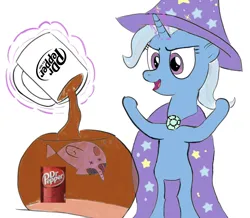 Size: 1080x940 | Tagged: artist needed, safe, derpibooru import, trixie, twilight sparkle, fish, pony, unicorn, g4, 1000 hours in ms paint, abuse, bipedal, brooch, cape, clothes, dead, dr pepper, drink, evil grin, female, glow, glowing horn, grin, hat, horn, image, jewelry, magic, magic aura, mare, ms paint, open mouth, open smile, png, simple background, smiling, soda, species swap, telekinesis, trixie's brooch, trixie's cape, trixie's hat, twilybuse, white background, x eyes