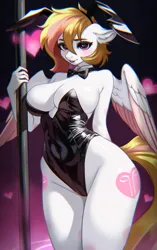 Size: 3072x4896 | Tagged: suggestive, artist:toxicwaste, derpibooru import, oc, unofficial characters only, anthro, pegasus, big breasts, blushing, bowtie, breasts, bunny ears, bunny suit, cleavage, clothes, colored wings, colored wingtips, female, floating heart, heart, image, playboy bunny, png, pole, smiling, solo, wings