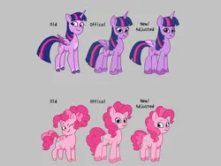 Size: 1024x768 | Tagged: safe, artist:dazzle, derpibooru import, pinkie pie, twilight sparkle, twilight sparkle (alicorn), alicorn, earth pony, pony, g4, g5, colored wings, curly mane, female, g4 to g5, generation leap, gray background, image, looking at you, mare, multicolored hair, multicolored wings, physique difference, png, redesign, simple background, unshorn fetlocks, wings