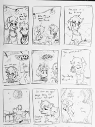 Size: 1542x2048 | Tagged: safe, artist:pony quarantine, derpibooru import, oc, unofficial characters only, diamond dog, earth pony, pony, unicorn, series:pq funnies, 9 panel comic, blind eye, chicken meat, chicken wings, comic strip, date, dialogue, diamond dog oc, double entendre, eating, eye scar, eyebrows, eyebrows visible through hair, facial scar, female, food, full moon, grayscale, horn, image, jpeg, male, mare, meat, messy eating, monochrome, moon, oc x oc, pencil drawing, ponies eating meat, restaurant, scar, shipping, stallion, straight, traditional art, wingstop