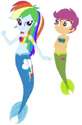 Size: 385x592 | Tagged: safe, artist:ocean lover, artist:selenaede, derpibooru import, rainbow dash, scootaloo, human, mermaid, equestria girls, g4, 20% cooler, bandeau, bare midriff, bare shoulders, base, beautiful, belly, belly button, child, clothes, cocky, crossed arms, cute, excited, female, fins, fish tail, flexing, happy, image, looking at something, merdash, mermaid tail, mermaidized, mermay, midriff, ms paint, multicolored hair, png, purple eyes, purple hair, rainbow hair, short hair, siblings, simple background, sisters, sleeveless, smiling, solo, species swap, tail, tail fin, tanktop, tomboy, white background