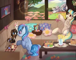 Size: 4536x3594 | Tagged: safe, alternate version, artist:appleneedle, derpibooru import, oc, oc:icy breeze (the coco clan), oc:strawberry cocoa (the coco clan), oc:windy gale (the coco clan), oc:wintera cocoa (the coco clan), pony oc, unofficial characters only, deer, deer pony, hybrid, monster pony, original species, pegasus, pony, unicorn, 2025, :3, adopted daughter, adopted offspring, alternate character, alternate universe, anklet, antlers, baby, baby bottle, baby pony, babysitting, basket, blaze (coat marking), blue eyes, blue mane, blue pupils, blue tail, bow, brother, brother and sister, brown coat, brown mane, brown tail, catchlights, childcare, coat marking, colored pupils, colt, commission, commissioner:rautamiekka, context in description, couch, crossdressing, cupcake, cute, decoration, deer tail, detailed background, diaper, digital art, ear fluff, ears, ears up, easter, easter 2025, easter basket, easter bunny, easter egg, excited, eyebrows, eyelashes, eyes open, facial marking, feathered wings, featureless crotch, female, female oc, female to male, femboy, filly, flower, flower field, foal, folded wings, food, full body, full shading, fur collar, grass, gray coat, gray hooves, green coat, green mane, green tail, group, happy, high res, holiday, hoof ring, hooves, hooves together, hooves up, horn, image, indoors, interspecies, jewelry, jpeg, larger female, larger male, leg fluff, legs in air, looking at each other, looking at someone, looking down, looking forward, looking up, male, male oc, mane, mare, mare oc, mature female, mature male, mother, mother and child, mother and son, multiple views, nephew, niece, no eyelashes, ocbetes, older female, older male, open mouth, open smile, pale belly, pancakes, pegasus oc, pegasus wings, picture frame, pillow, pink eyes, pink mane, pink tail, potted plant, quadrupedal, quartet, rear view, reindeer antlers, relatives, rule 63, segmented tail, shading, shadows, short mane, siblings, side view, sister, sitting, size difference, smaller female, smaller male, smiling, smiling at each other, soft shading, son, stallion, stallion oc, strawberry, tail, teeth, three-quarter view, throwing, toy, tree, two toned coat, two toned mane, two toned tail, uncle, uncle and niece, underhoof, unicorn horn, unicorn oc, unshorn fetlocks, wall of tags, white mane, white tail, window, wings, yellow mane, yellow tail, younger, younger female, younger male
