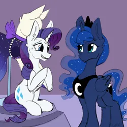 Size: 2048x2048 | Tagged: safe, artist:cupute, derpibooru import, princess luna, rarity, alicorn, pony, unicorn, canterlot boutique, g4, season 5, big ears, clothes, cute, dress, eyebrows, eyebrows visible through hair, female, grin, hooves together, horn, image, lunabetes, multicolored mane, my little pony, nervous, nervous grin, over the moon, pedestal, png, raised eyebrow, raribetes, simple background, smiling, sweat