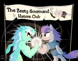Size: 3200x2500 | Tagged: safe, artist:cheshiresdesires, artist:mightyshockwave, derpibooru import, lyra heartstrings, maud pie, zesty gourmand, g4, crayon drawing, handshake, image, meme, png, predator (franchise), sign, traditional art