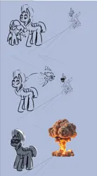 Size: 484x874 | Tagged: safe, artist:zoeyhorse, derpibooru import, misty brightdawn, queen chrysalis, tempest shadow, alicorn, changeling, changeling queen, pony, unicorn, fanfic:the many mothers of misty, g4, g5, alicornified, blue background, comic, explosion, fanfic art, female, horn, image, mare, mistycorn, mushroom cloud, png, race swap, simple background, sunglasses, throwing, toss