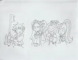 Size: 3267x2524 | Tagged: safe, artist:gale-blazer58, derpibooru import, adagio dazzle, aria blaze, sonata dusk, equestria girls, g4, rainbow rocks, doodle, fight, glare, image, jpeg, keyblade, kingdom hearts, my little pony equestria girls: rainbow rocks, smiling, smug, sora, the dazzlings, unamused, weapon