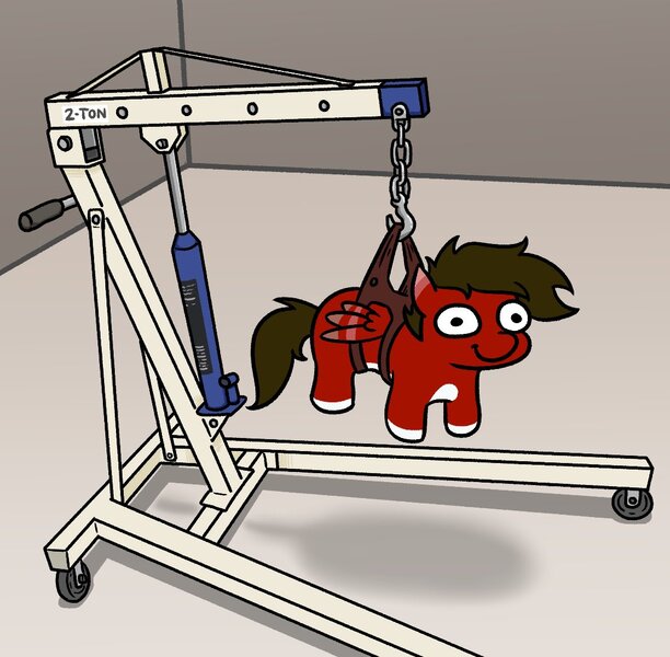 Size: 1068x1047 | Tagged: safe, artist:jargon scott, derpibooru import, oc, unofficial characters only, pegasus, pony, commission, engine hoist, harness, image, indoors, jpeg, male, sling, smiling, solo, squatpony, stallion, tack, woonoggles, ych result