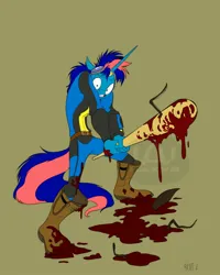 Size: 1600x2000 | Tagged: semi-grimdark, artist:brdte, derpibooru import, oc, oc:ryo, unofficial characters only, anthro, insect, plantigrade anthro, unicorn, fallout equestria, baseball bat, blood, boots, clothes, commission, cowboy boots, female, goggles, goggles on head, green background, gritted teeth, horn, horn ring, image, jewelry, jpeg, jumpsuit, pinpoint eyes, pip-boy, ring, shoes, signature, simple background, solo, teeth, vault suit